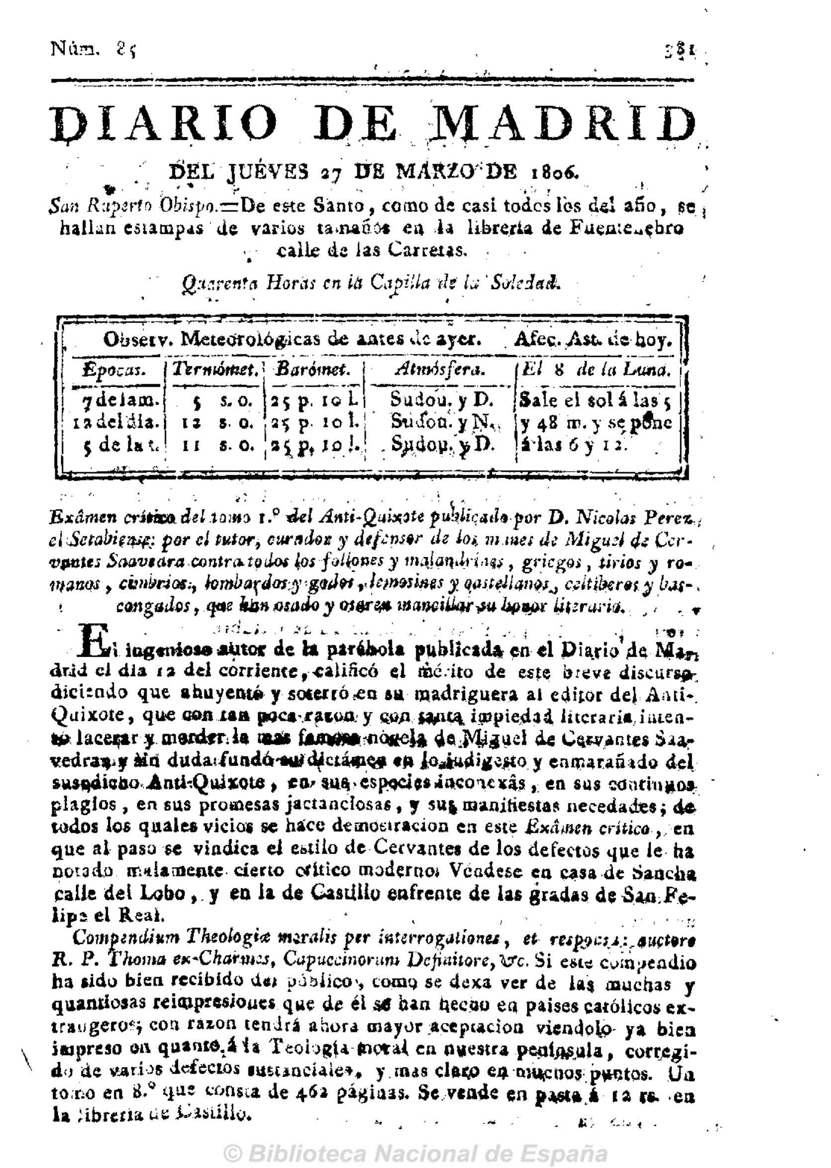 [Anuncio del Examen crítico del tomo primero del Anti-Quijote]