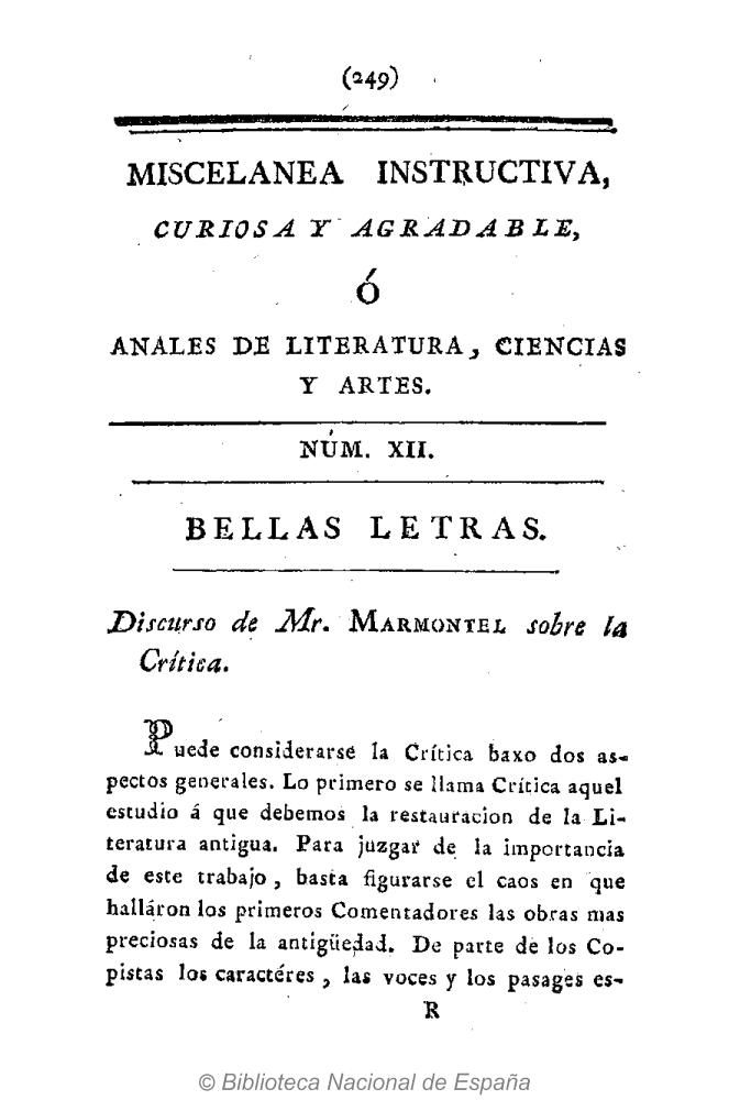 Bellas Letras. Discurso de Mr. Marmontel sobre la Crítica