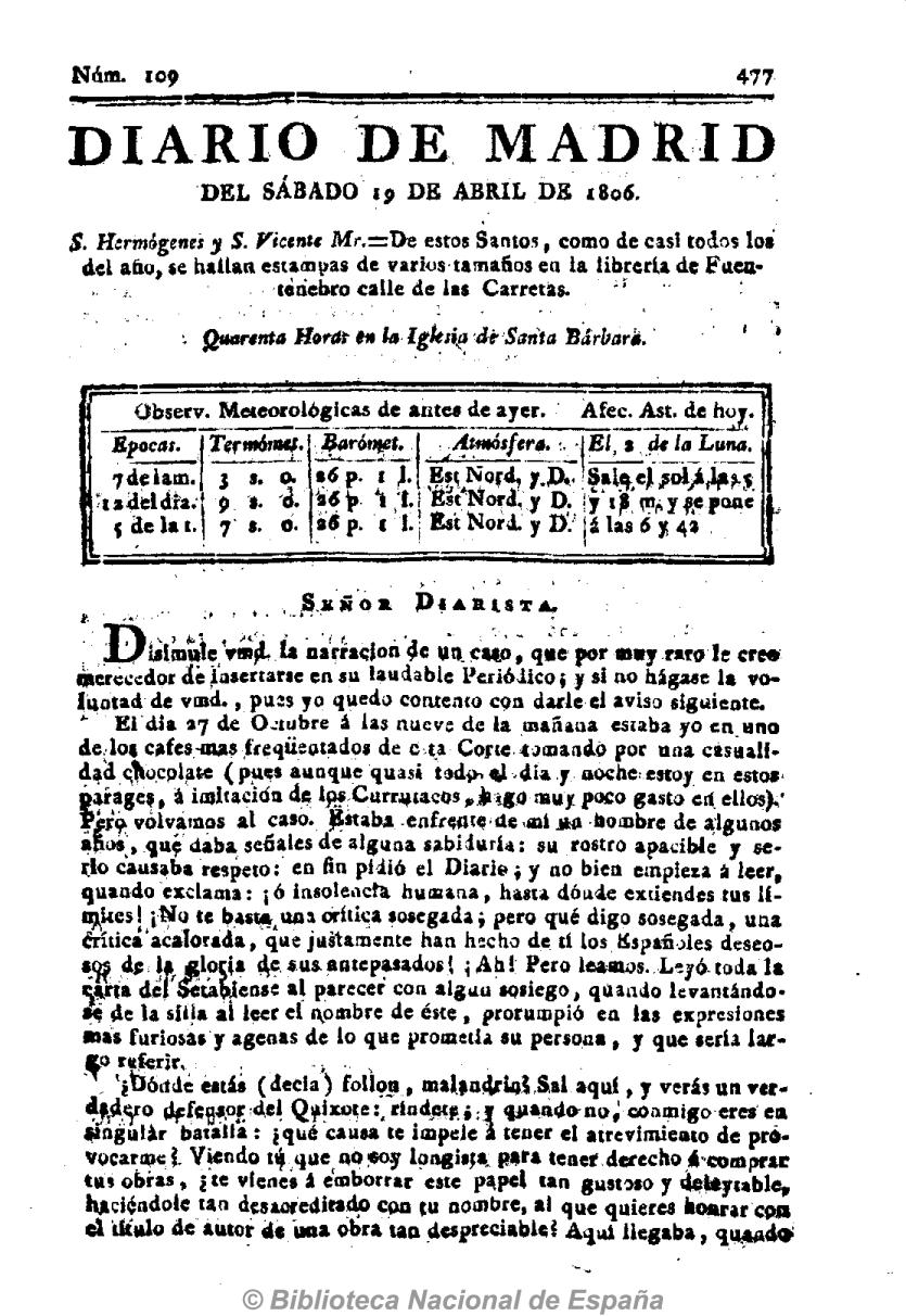 Señor diarista [Carta cuadragésima en respuesta al Anti-Quijote]