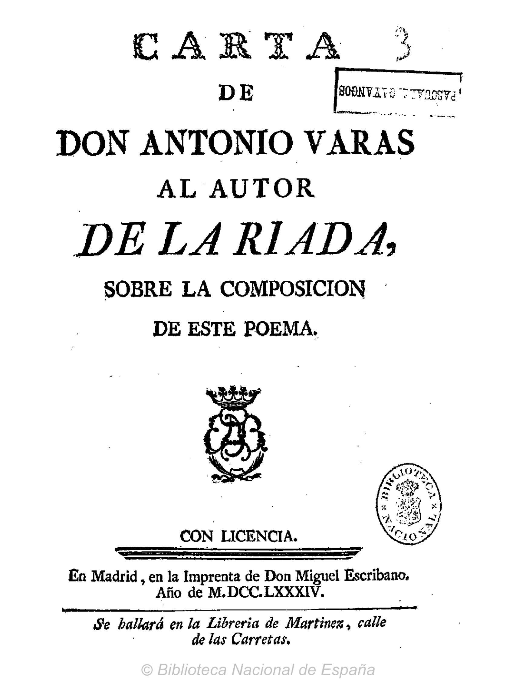 Carta de don Antonio Varas al autor de La Riada, sobre la composición de este poema