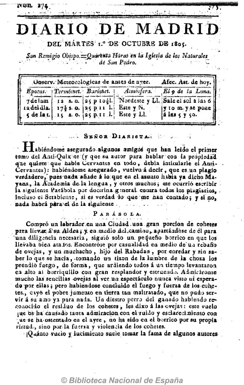 Señor diarista [Carta decimoctava en respuesta al Anti-Quijote]