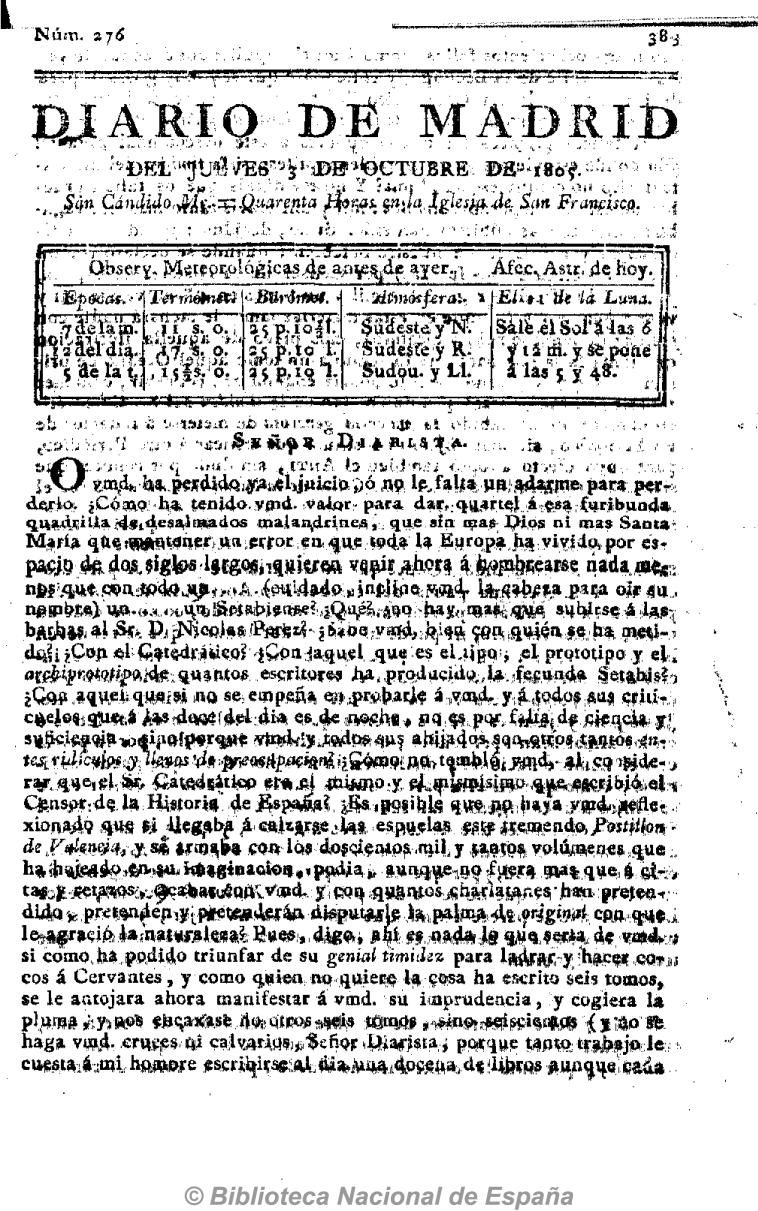 Señor diarista [Carta decimonovena en respuesta al Anti-Quijote]