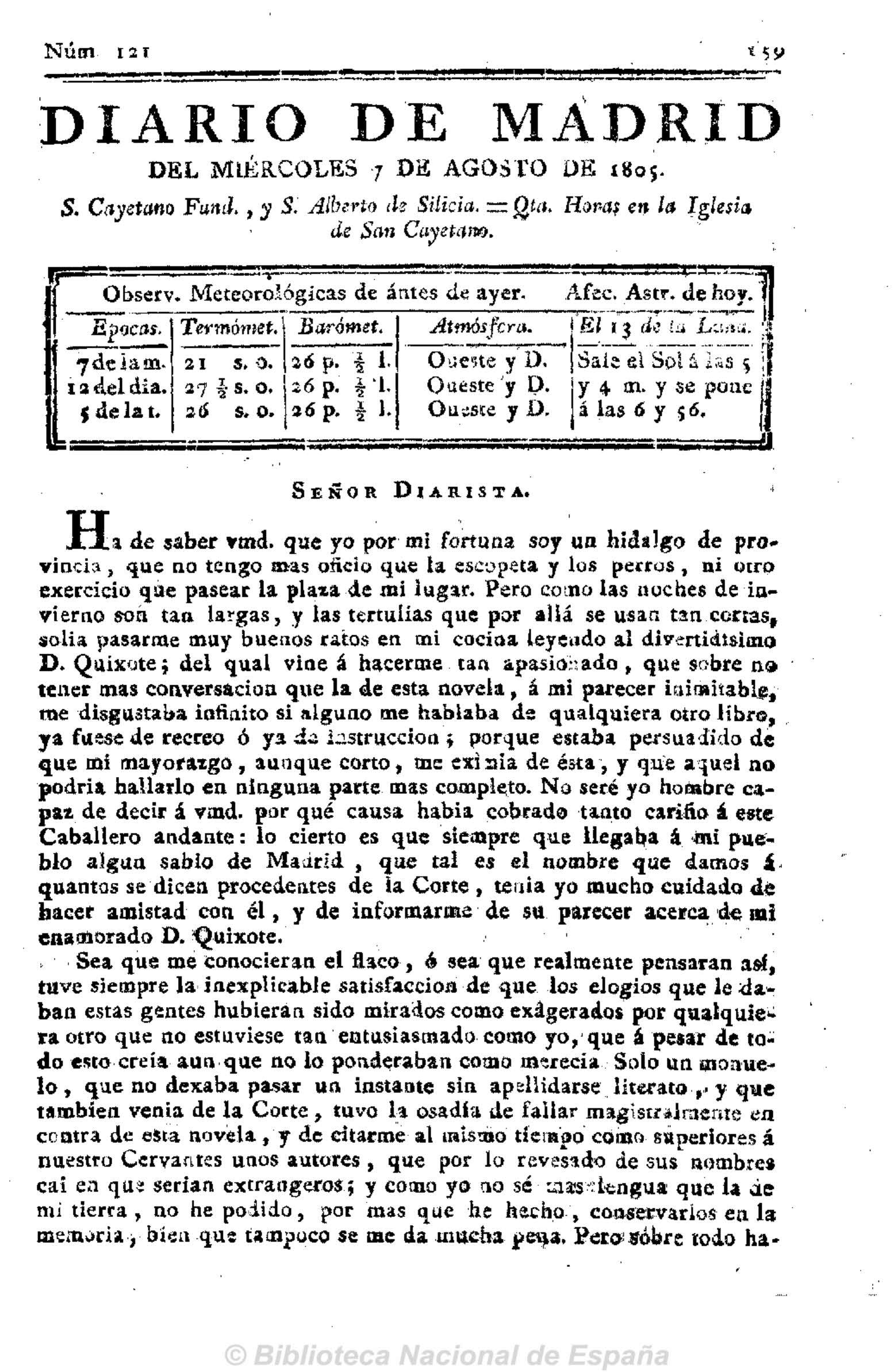 Señor diarista [Carta primera en respuesta al Anti-Quijote]