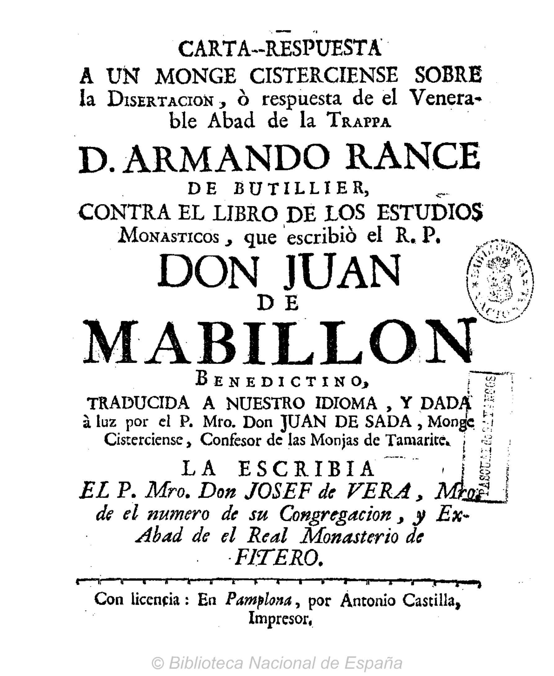 Carta-respuesta a un monje cisterciense sobre la disertación o respuesta contra el libro de los Estudios monásticos