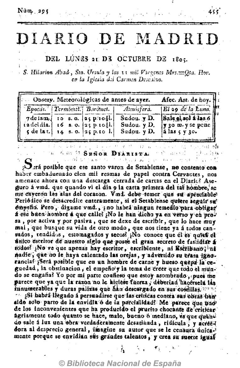 Señor diarista [Carta trigésima en respuesta al Anti-Quijote]