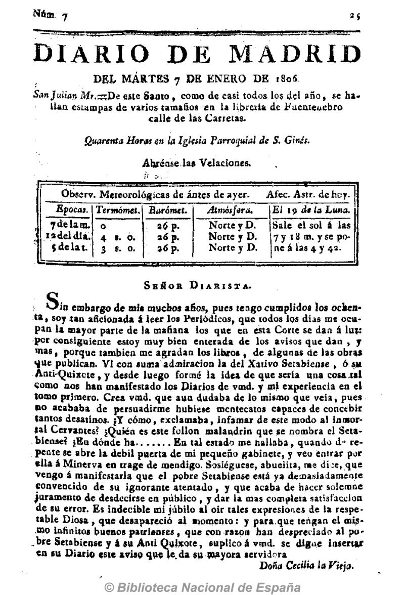 Señor diarista [Carta trigésimo quinta en respuesta al Anti-Quijote]