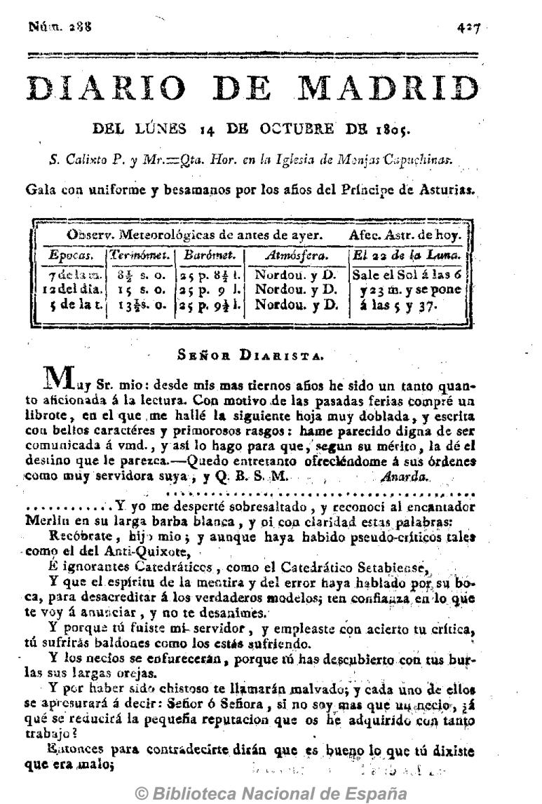 Señor diarista [Carta vigésimo sexta en respuesta al Anti-Quijote]