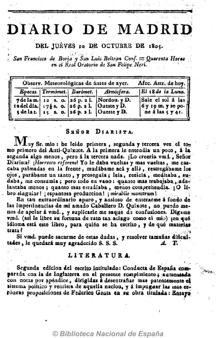 Señor diarista [Carta vigésimo tercera en respuesta al Anti-Quijote]