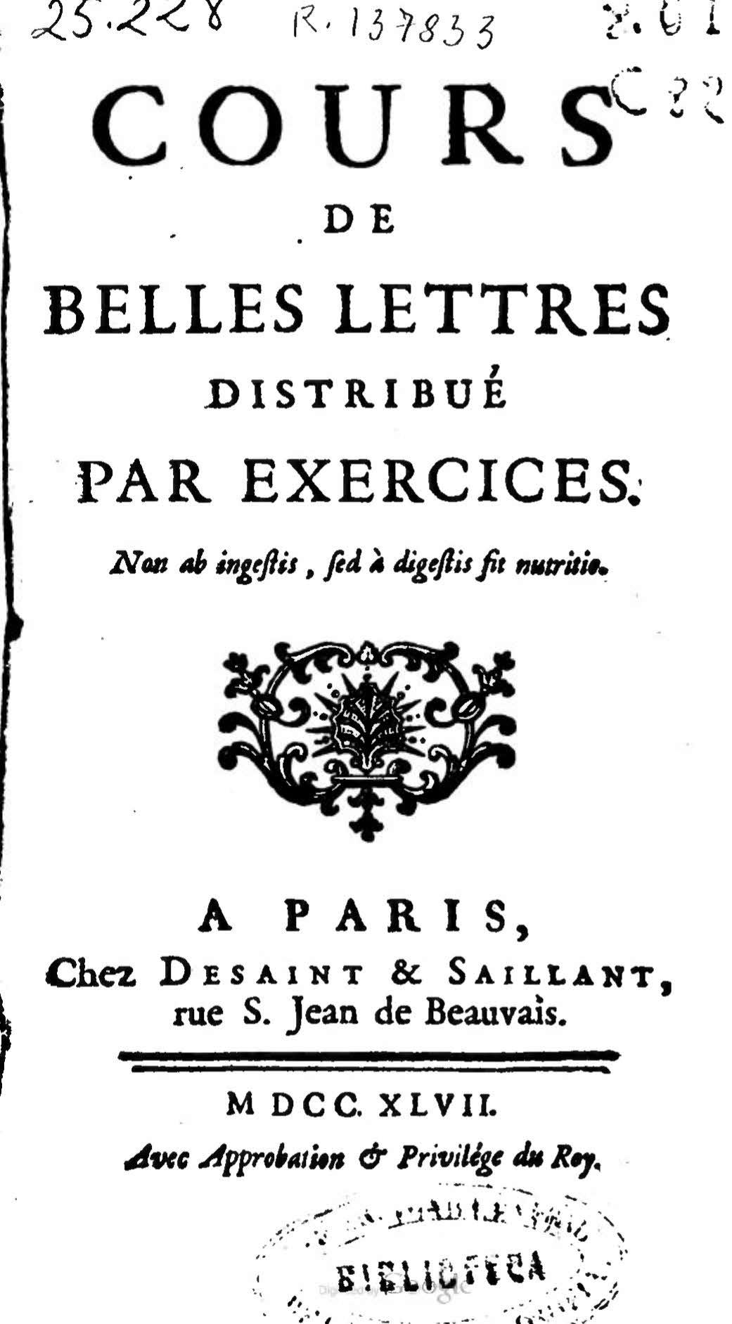 Cours de Belles Lettres distribué par exercices, Tomo I