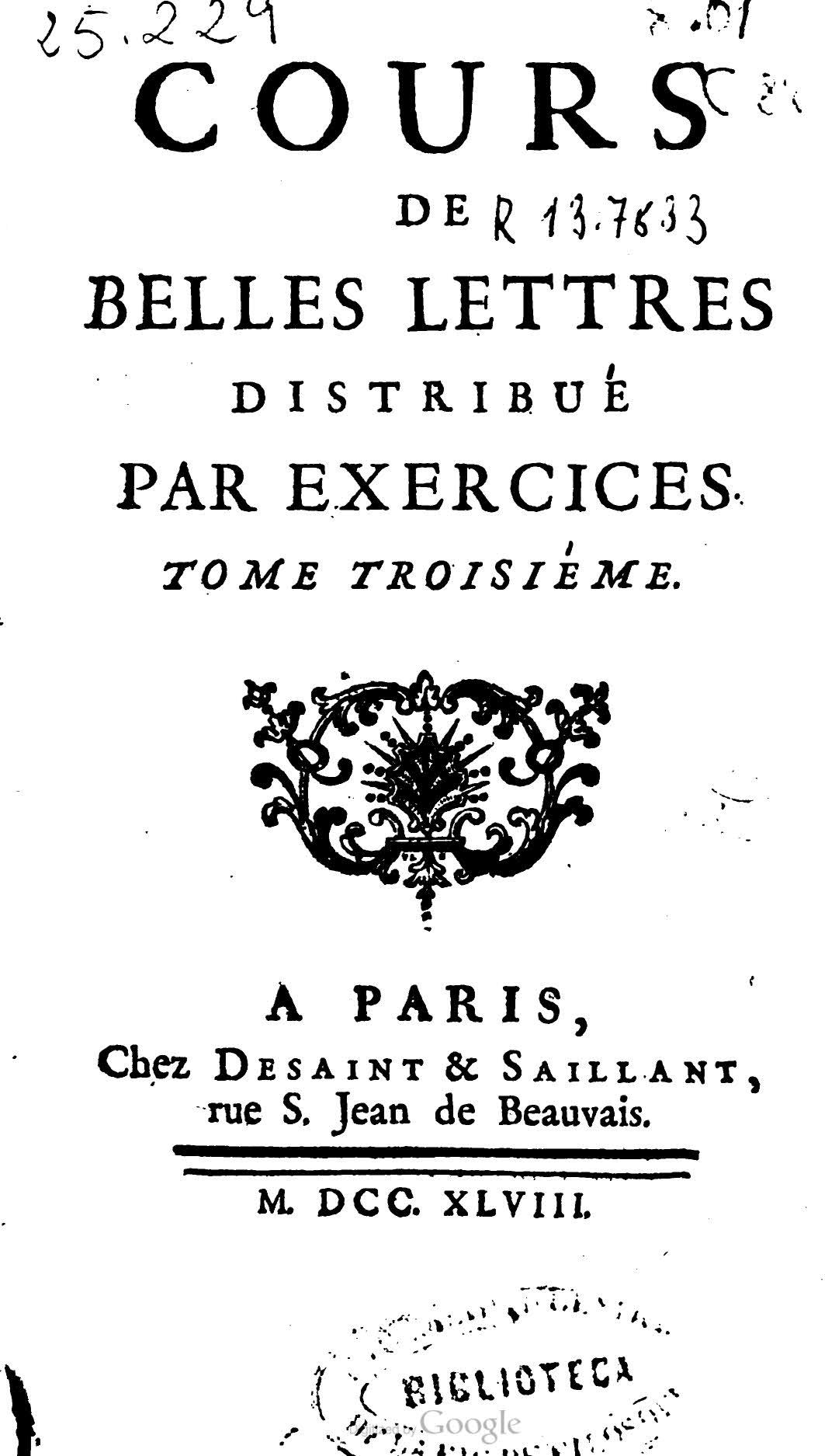 Cours de Belles Lettres distribué par exercices, Tomo III