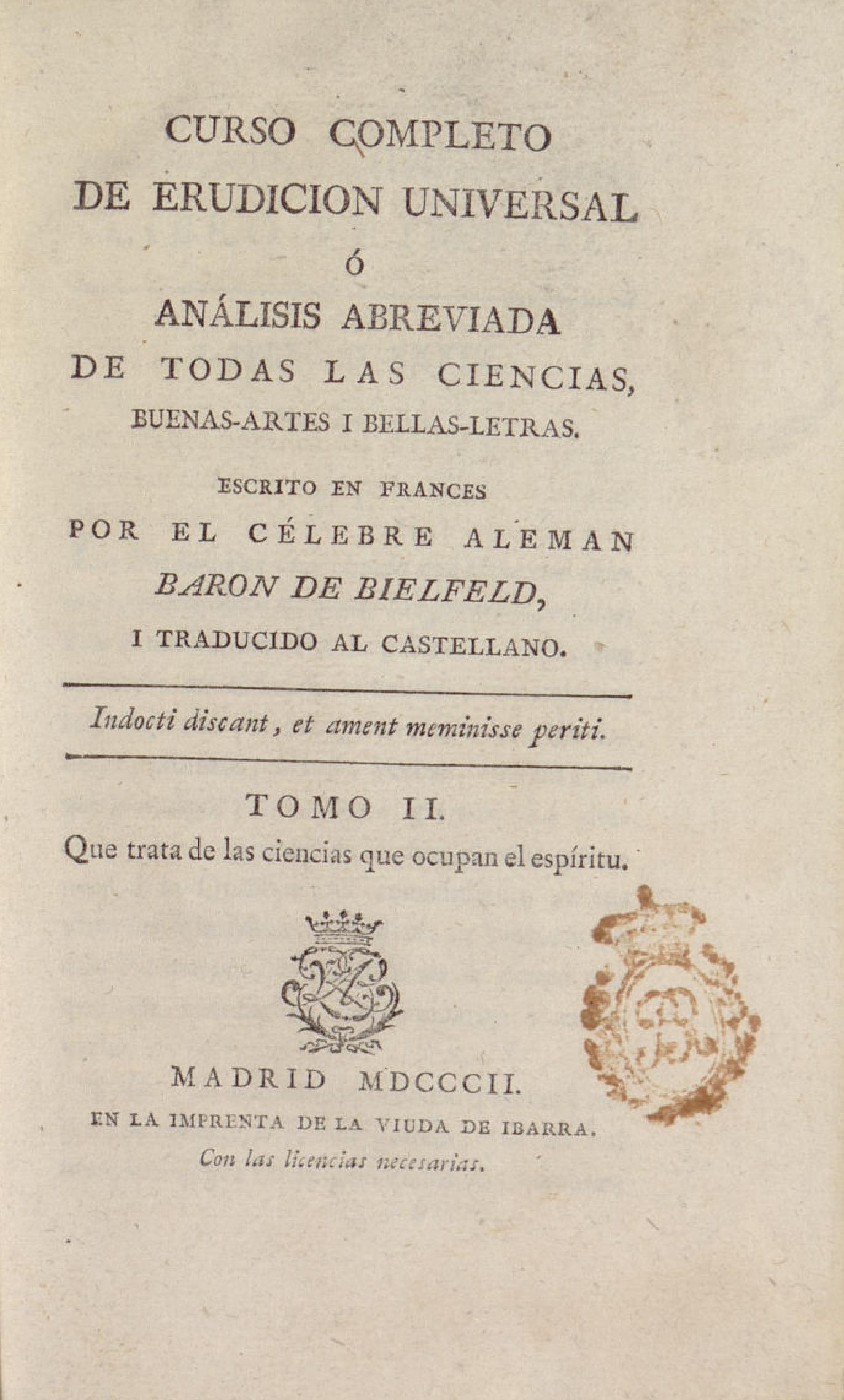 Curso completo de erudición universal o Análisis abreviada de todas las ciencias, buenas artes y bellas letras, Tomo II