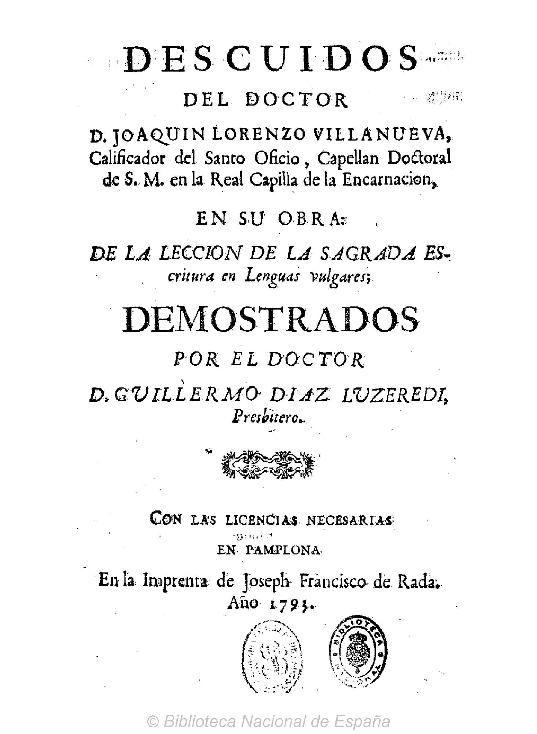 Descuidos del Doctor D. Joaquín Lorenzo Villanueva en su obra De la lección de la Sagrada Escritura