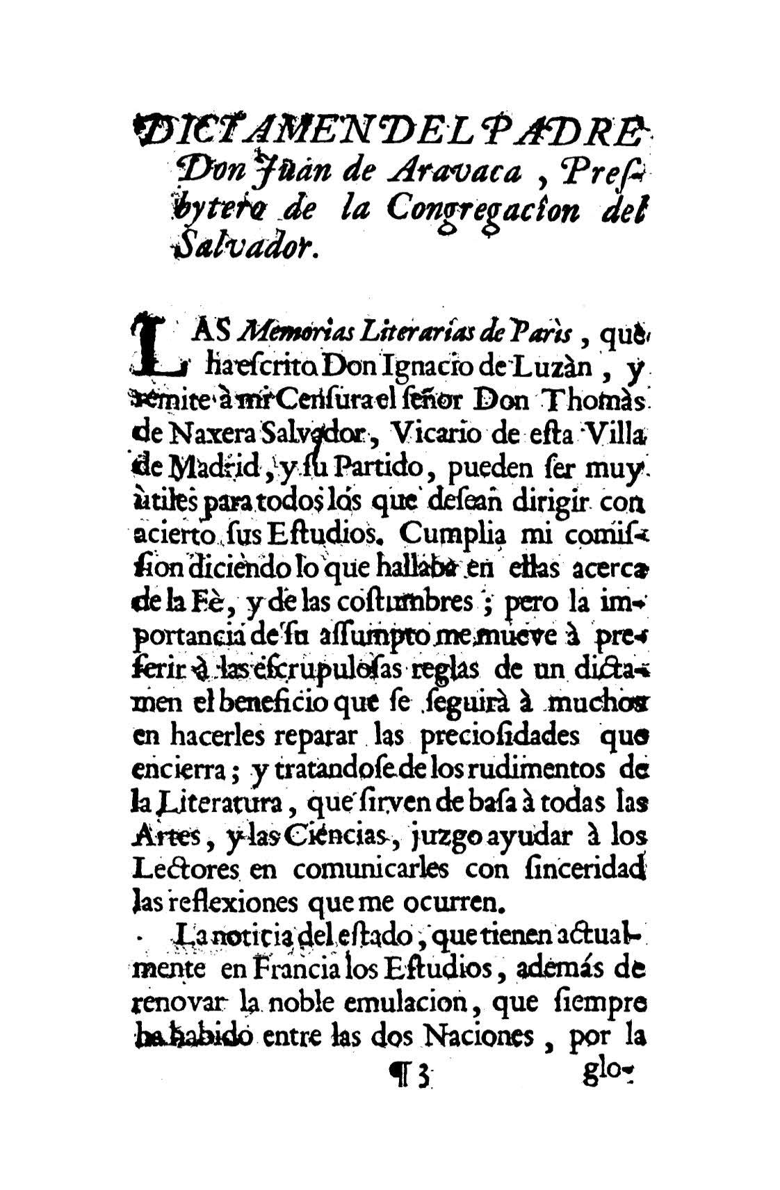 Dictamen del padre Don Juan de Aravaca sobre las Memorias literarias de París