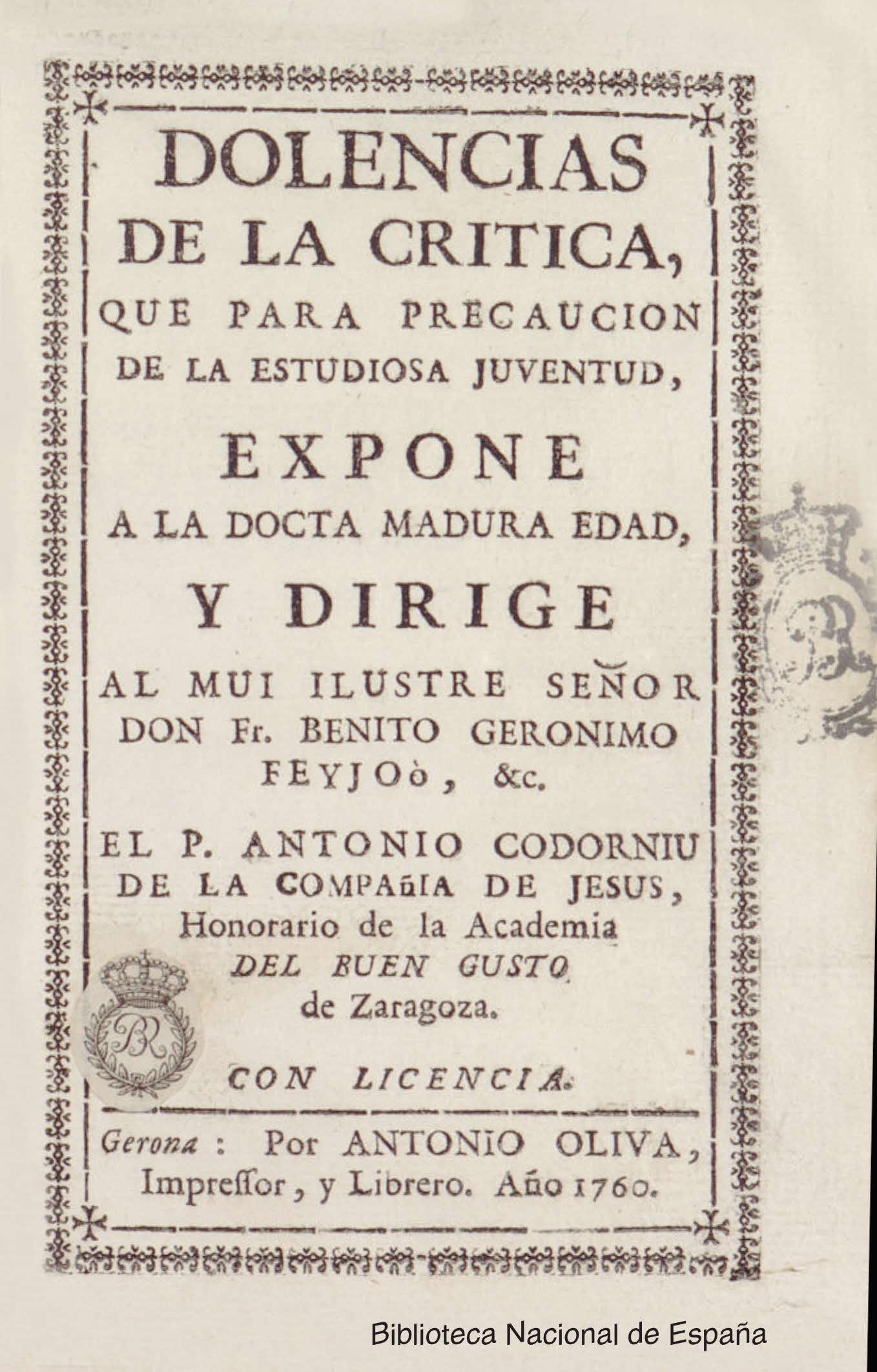 Dolencias de la crítica para precaución de la estudiosa juventud