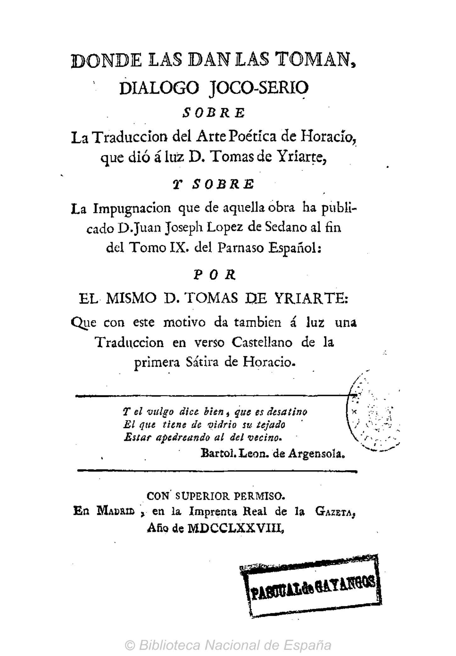 Donde las dan las toman, diálogo joco-serio sobre la traducción del Arte poética de Horacio