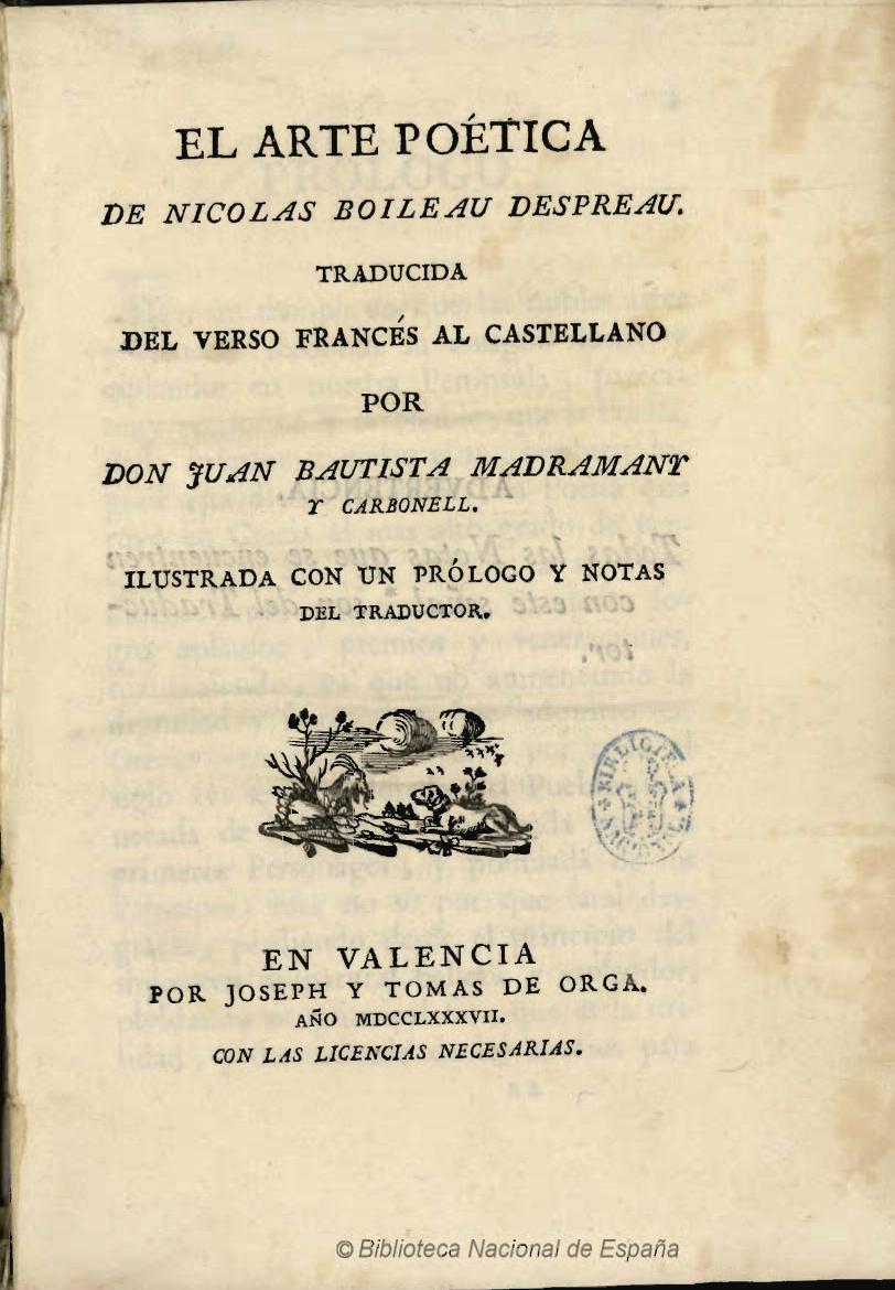 El arte poética de Nicolas Boileau traducida del verso francés