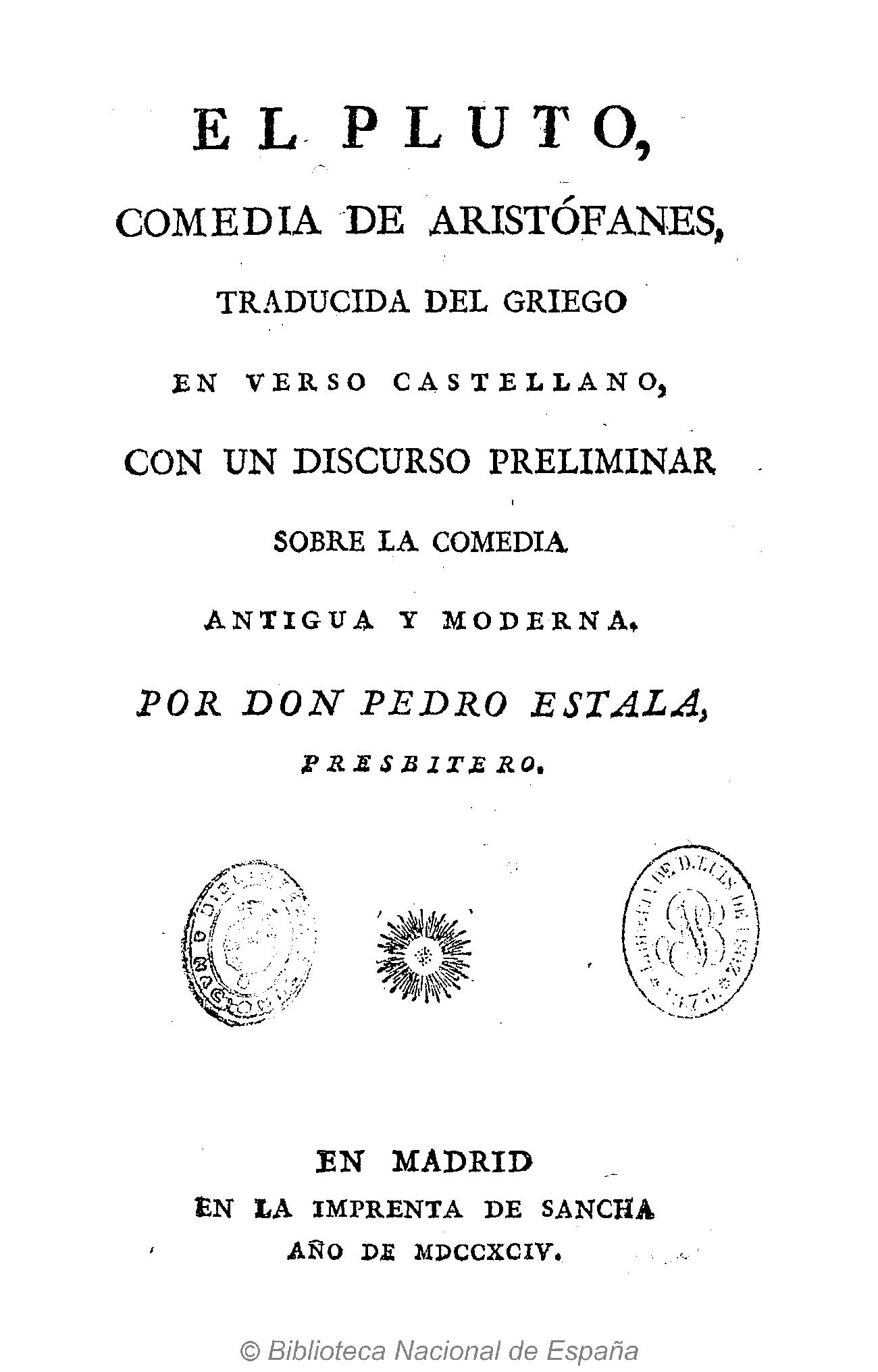 El Pluto, comedia de Aristófanes, traducida del griego en verso castellano