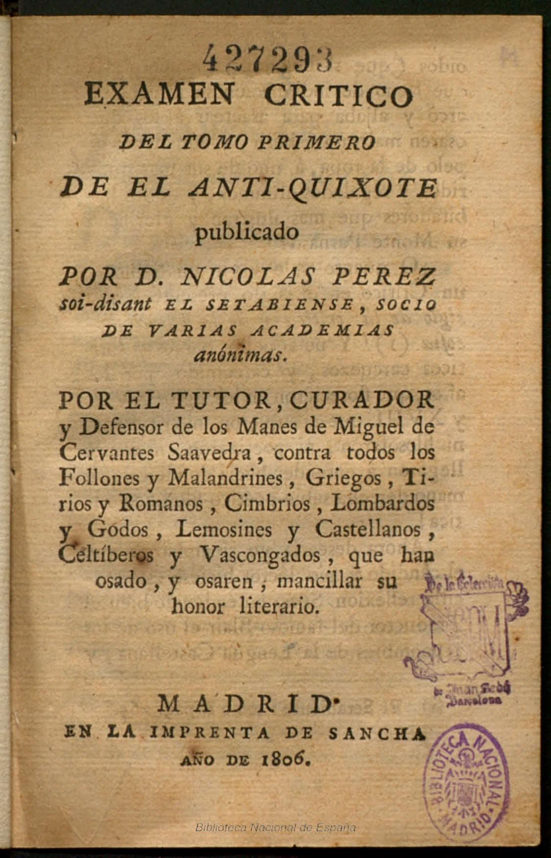 Examen crítico del tomo primero de El Anti-Quixote