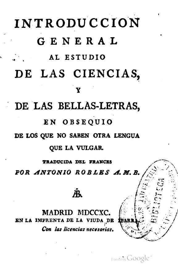 Introducción general al estudio de las Ciencias y de las Bellas Letras