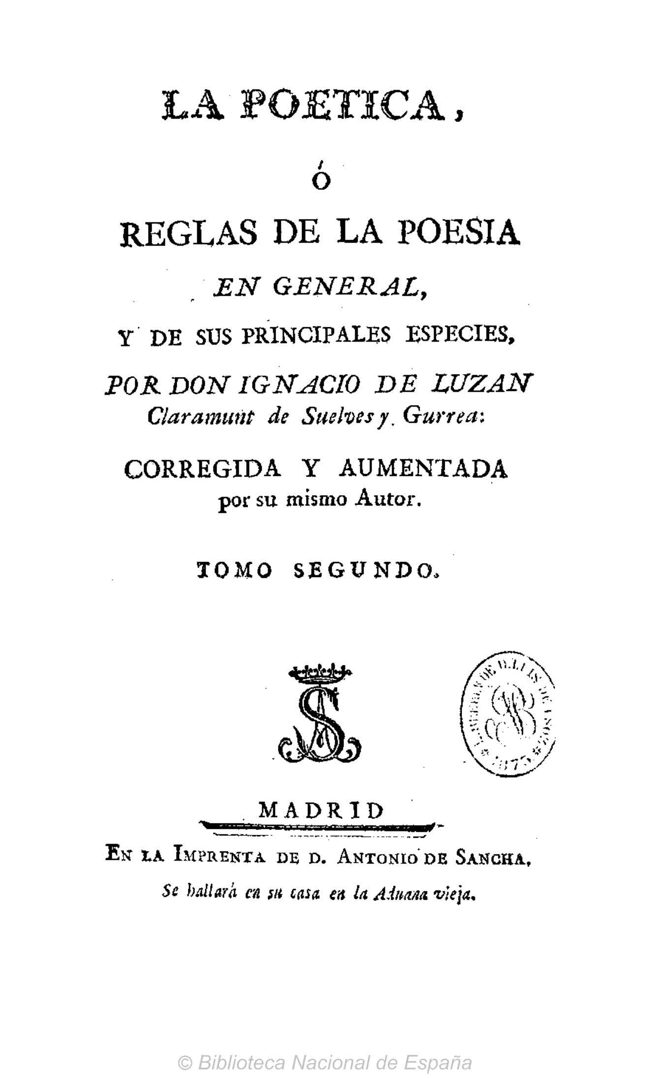 La Poética, o Reglas de la poesía en general, y de sus principales especies, Tomo II