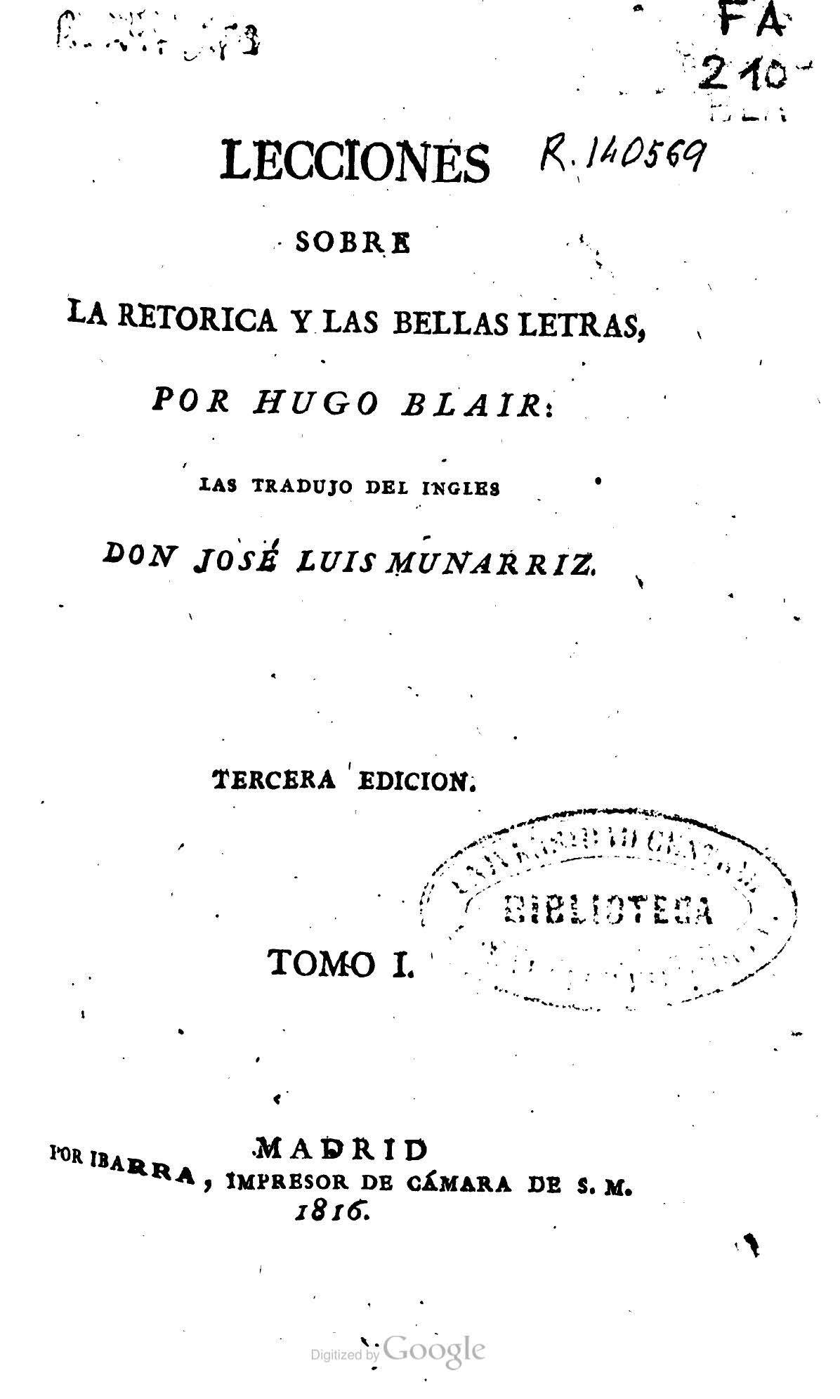 Lecciones sobre la Retórica y las Bellas Letras, Tomo I