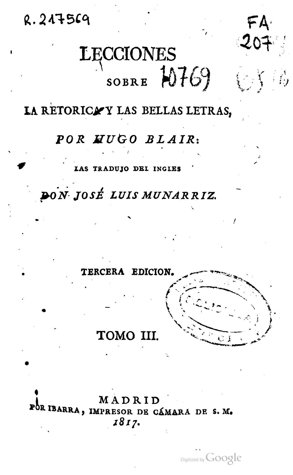 Lecciones sobre la Retórica y las Bellas Letras, Tomo III