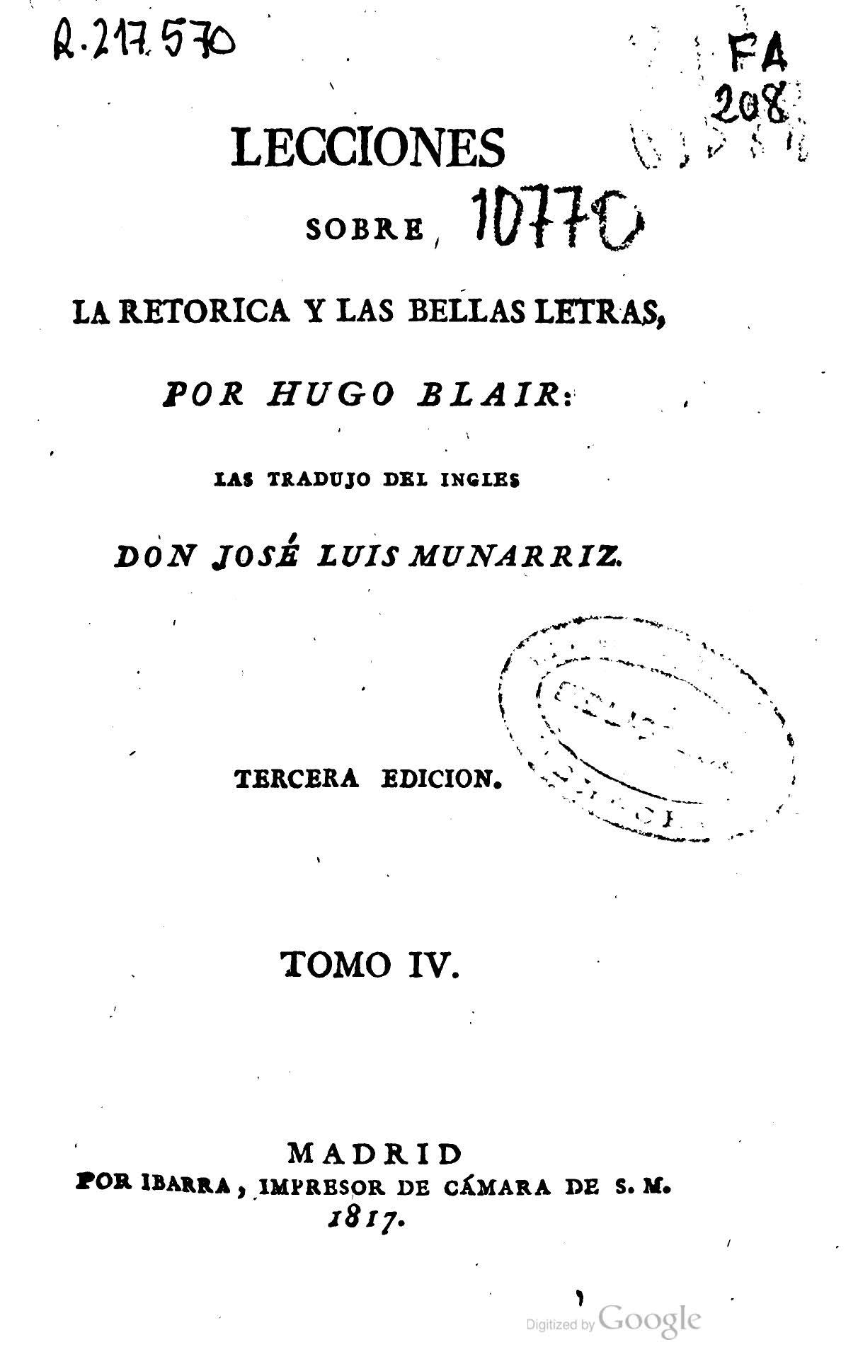 Lecciones sobre la Retórica y las Bellas Letras, Tomo IV