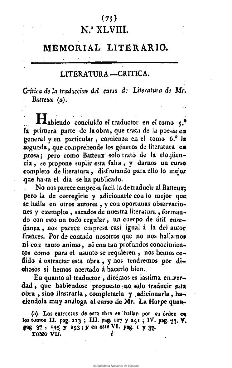 Literatura. Crítica de la traducción del Curso de literatura de Mr. Batteux