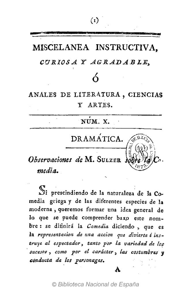 Observaciones de M. Sulzer sobre la comedia