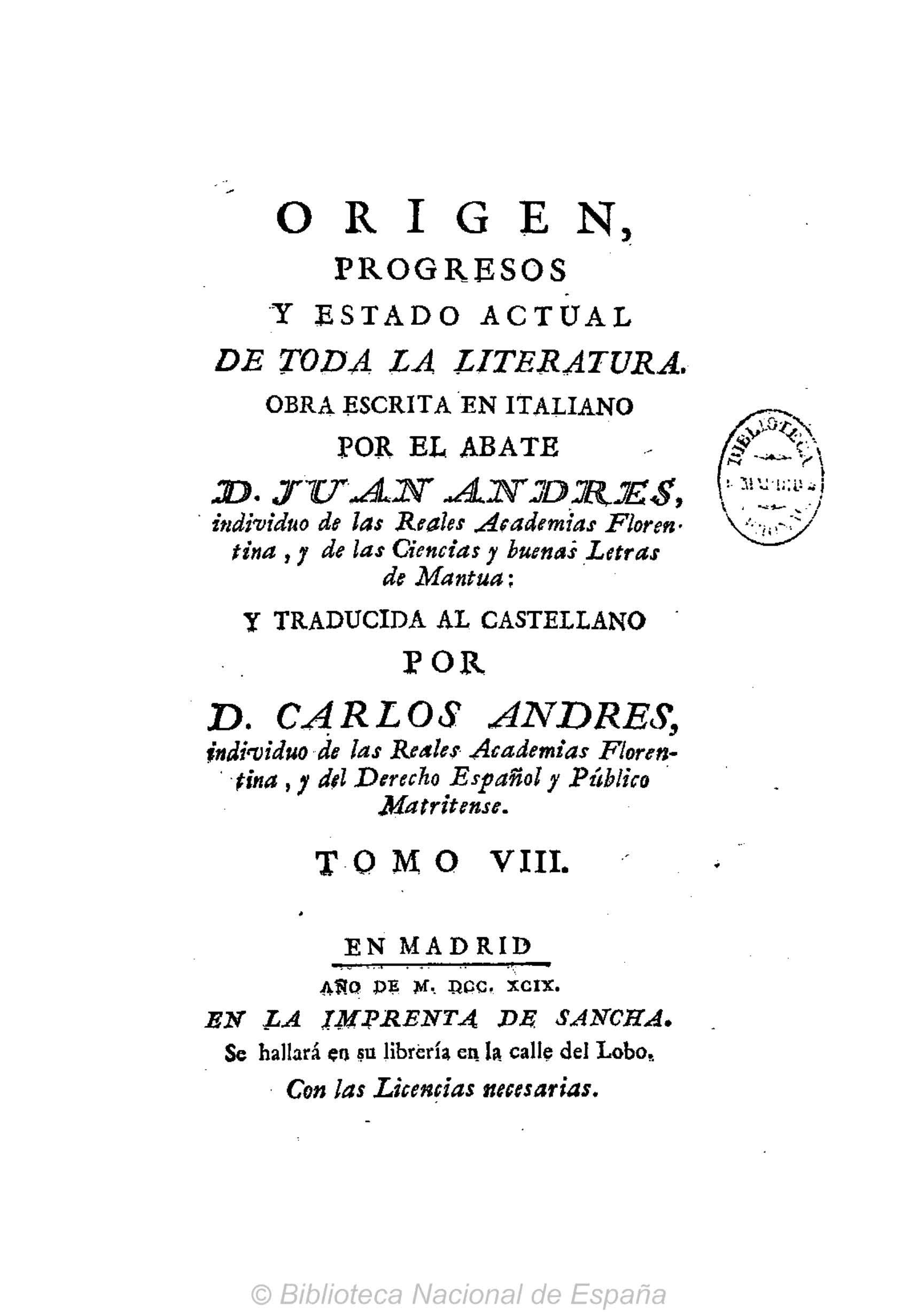 Origen, progresos y estado actual de toda la literatura, Tomo VIII