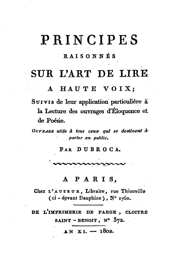 Principes raisonnés sur l'art de lire à haute voix suivi de l'application de ses principes à la lecture des ouvrages d'éloquence et de poésie