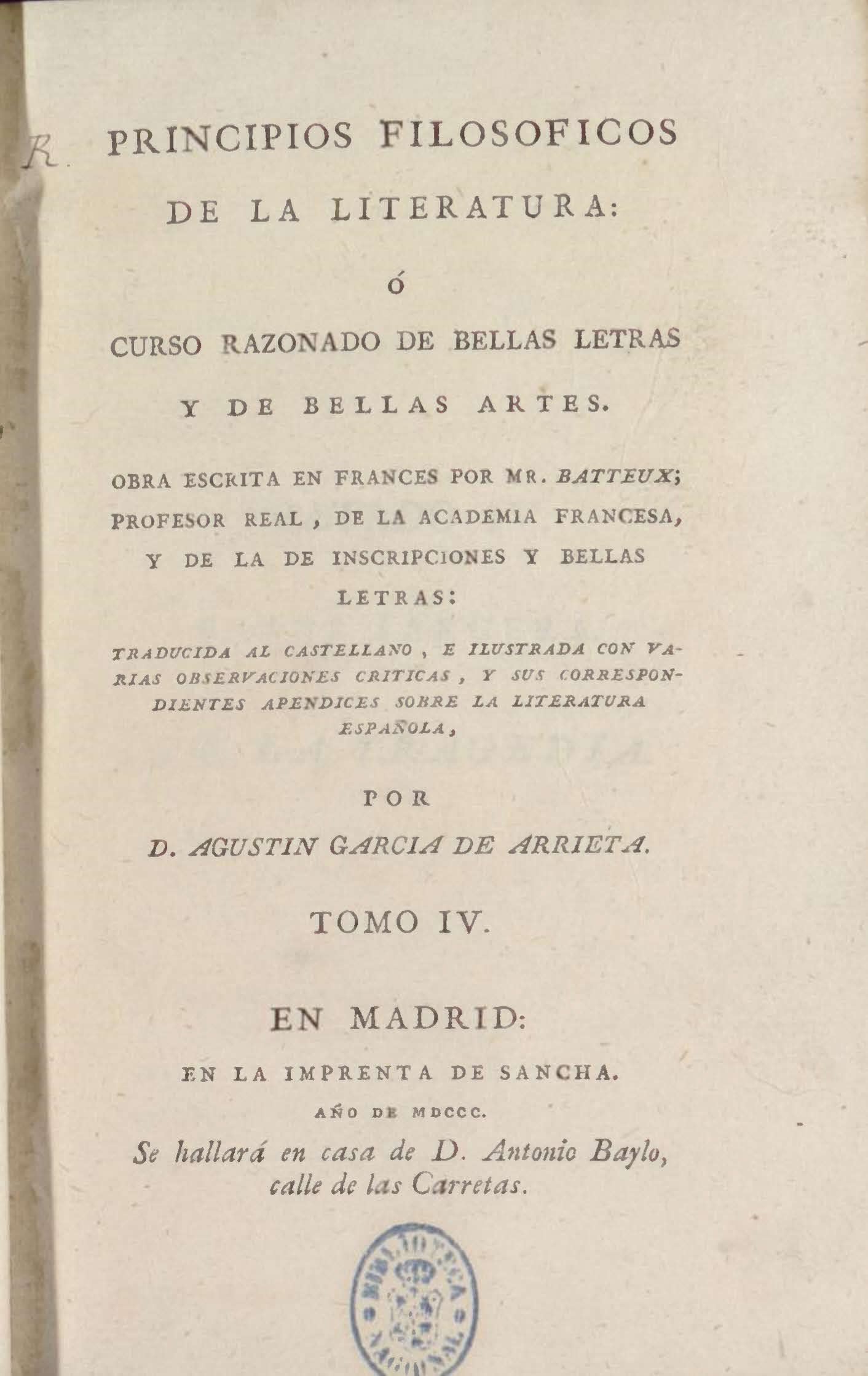 Principios filosóficos de la literatura o Curso razonado de Bellas Letras y Bellas Artes, Tomo IV