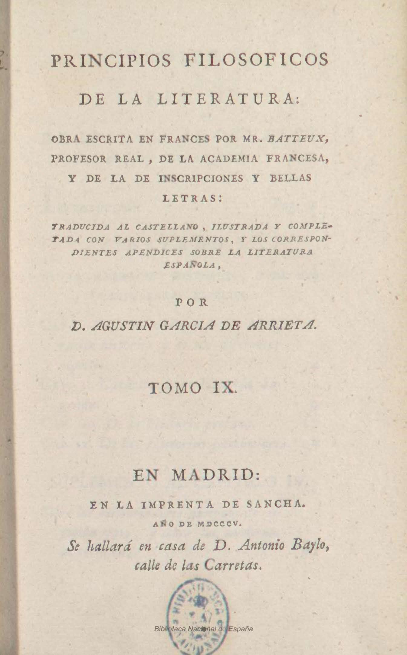 Principios filosóficos de la literatura o Curso razonado de Bellas Letras y Bellas Artes, Tomo IX