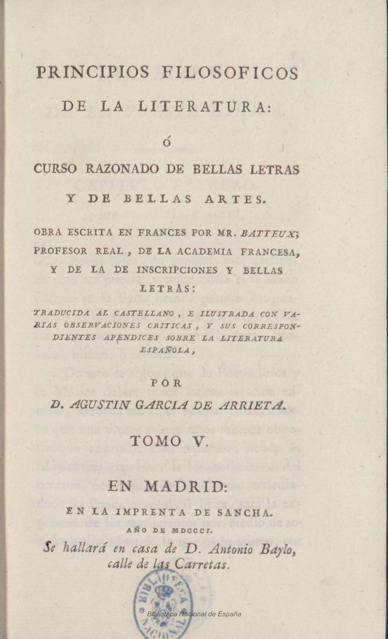 Principios filosóficos de la literatura o Curso razonado de Bellas Letras y Bellas Artes, Tomo V