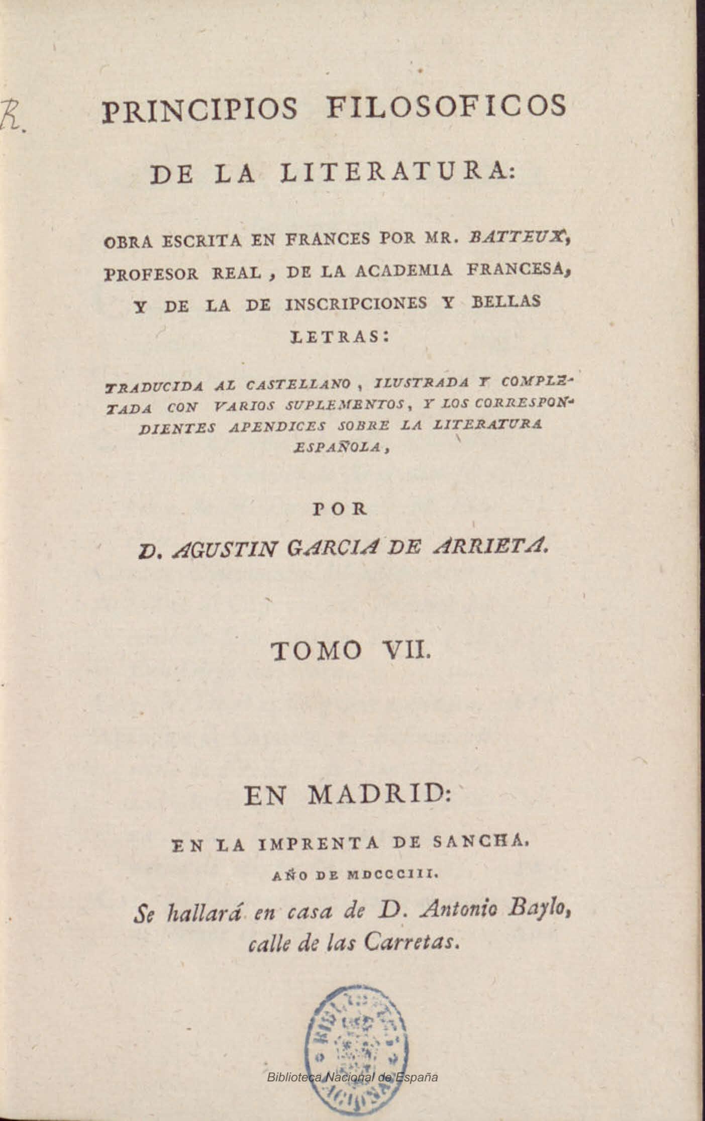 Principios filosóficos de la literatura o Curso razonado de Bellas Letras y Bellas Artes, Tomo VII