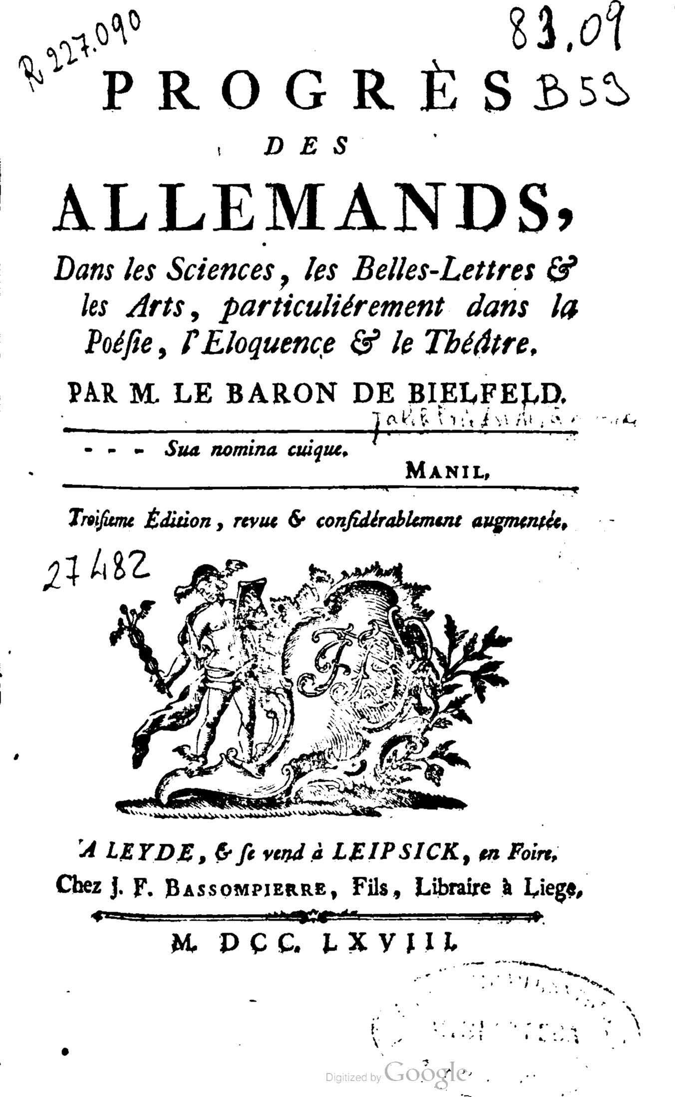 Progrès des allemands dans les Sciences, les Belles-Lettres et les Arts