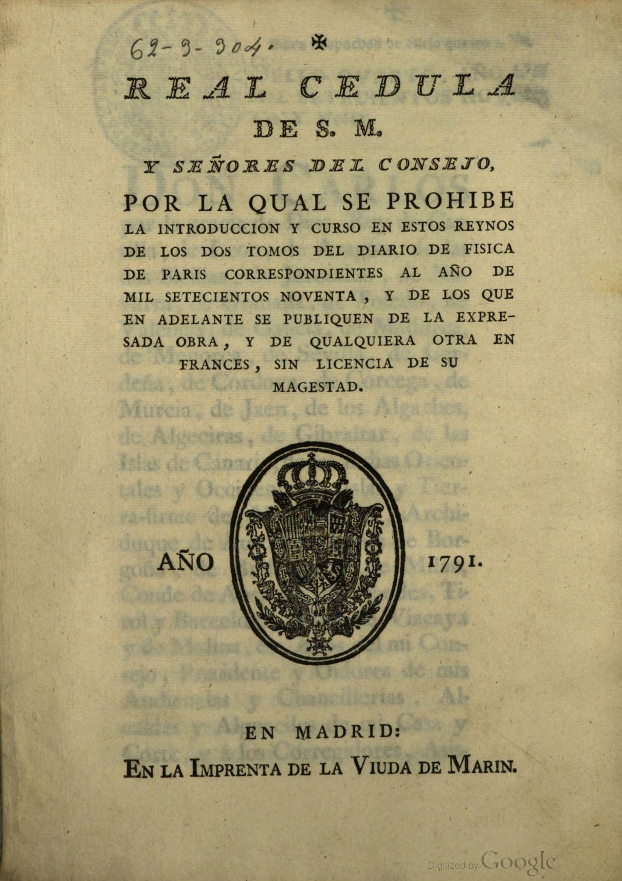 Real Cédula de S.M. y Señores del Consejo por la cual se prohíbe el Diario de Física